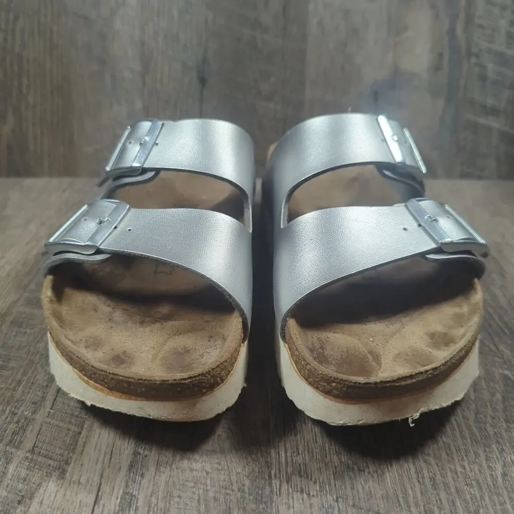 Papillio Birkenstock Silver Metallic Arizona Platform Sandals Womens Sz 8 EU 39 - Picture 3 of 13